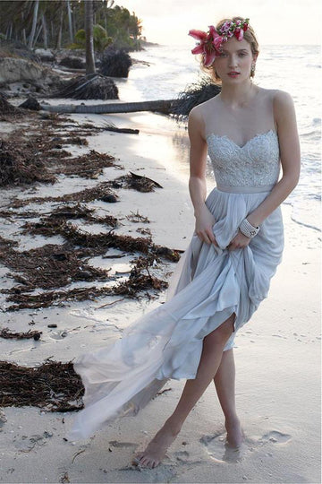 Illusion Neckline Sheer Back Beach Lace Chiffon A-line Wedding Gown TWA0552