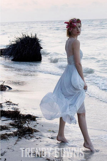 Illusion Neckline Sheer Back Beach Lace Chiffon A-line Wedding Gown TWA0552