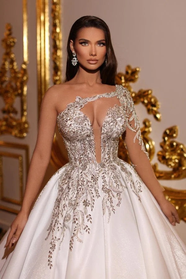 Trendy Princess Long Sleeve V-Neck One Shoulder Bridal Gowns TWA056