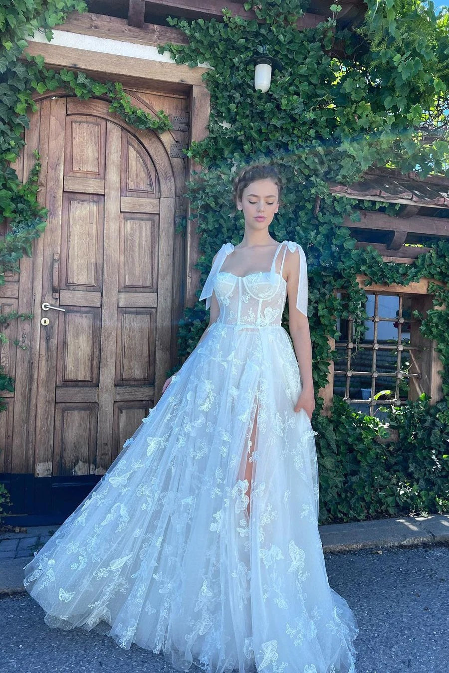 Trendy A-line Spaghetti Strap Sweetheart High Split Lace Bridal Gowns TWA058