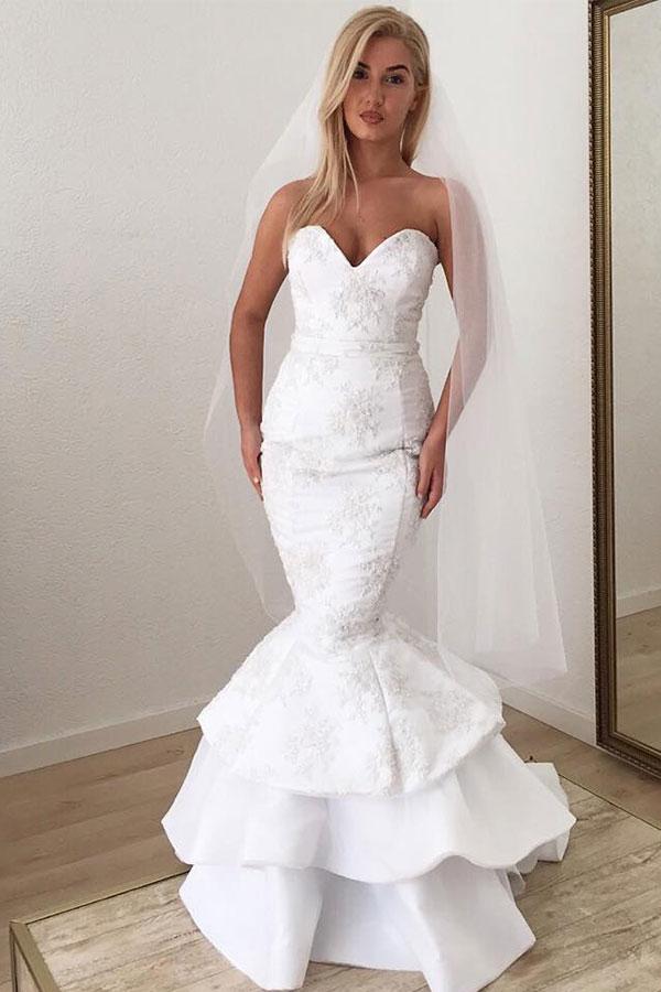 Trendy Sweetheart White Lace Appliques Mermaid Ruffles Bridal Gowns TWA059