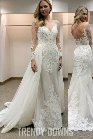Long Sleeves Sheath Wedding Gown Lace Detachable Train TWA0602