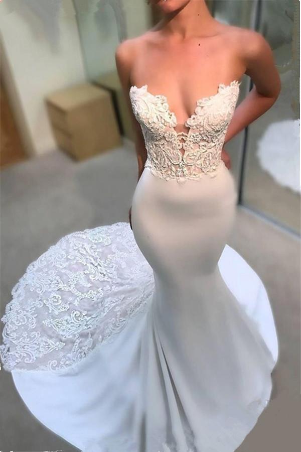 Trendy Strapless Lace Mermaid Open Back Bridal Gowns TWA061