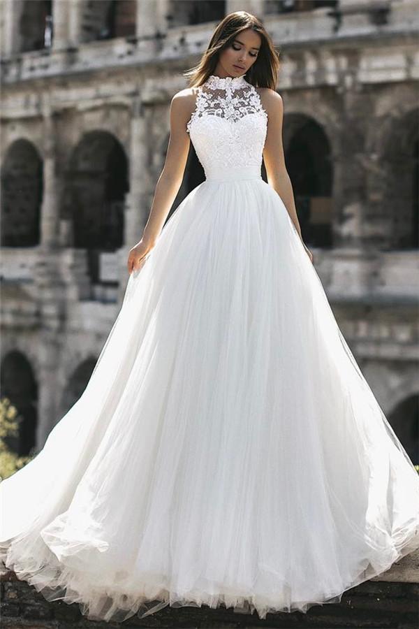 Trendy High Neck Appliques A-Line Bridal Gowns TWA063