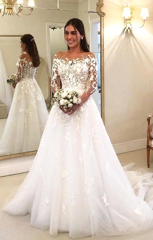 Off-the-Shoulder Long Sleeves Lace A-Line Bridal Gowns TWA064