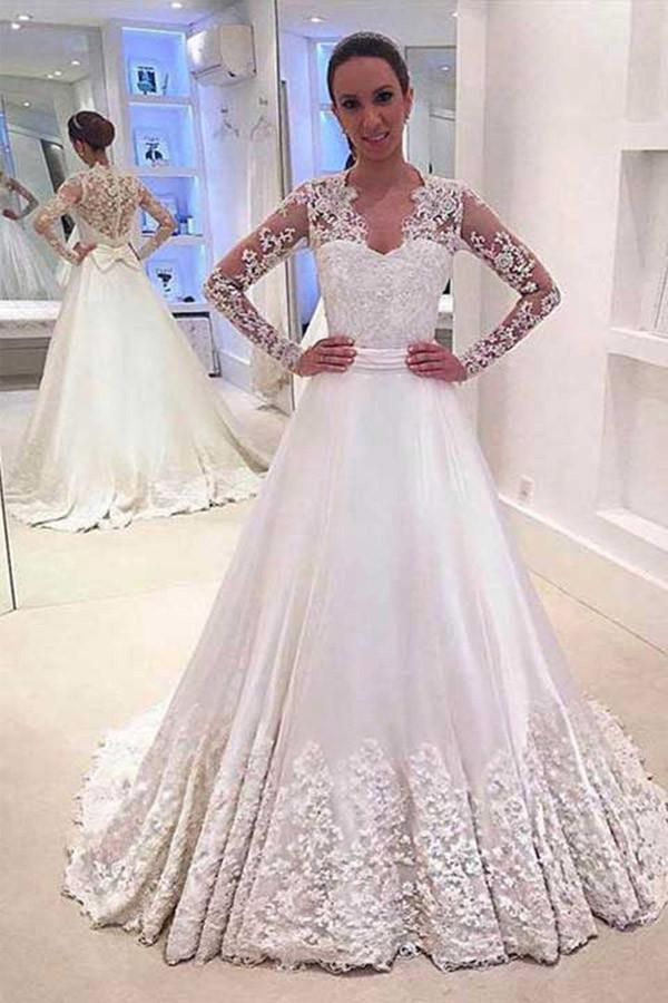 V Neck Long Sleeves Lace Appliques Wedding Gown TWA0642