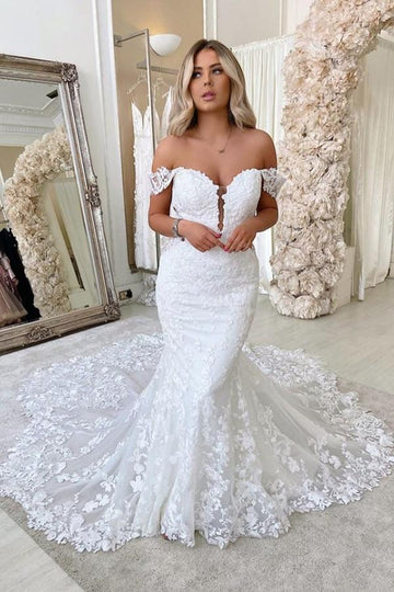 Trendy Off the Shoulder Mermaid Appliques Lace Bridal Gowns TWA065