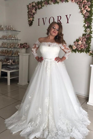 Trendy Plus Size Off the shoulder Long Sleeves Lace Bridal Gowns TWA066
