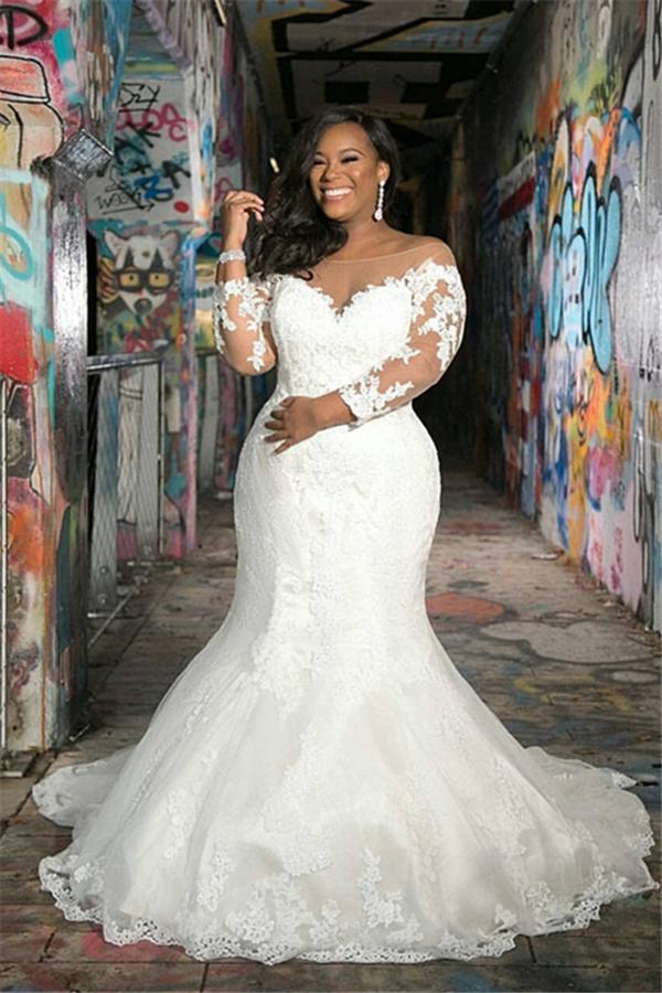 Trendy Long Sleeves V neck Plus Size Lace Mermaid Bridal Gowns TWA068