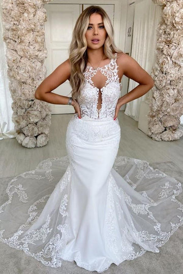 Trendy Lace Straps Mermaid Appliques Bridal Gowns TWA069
