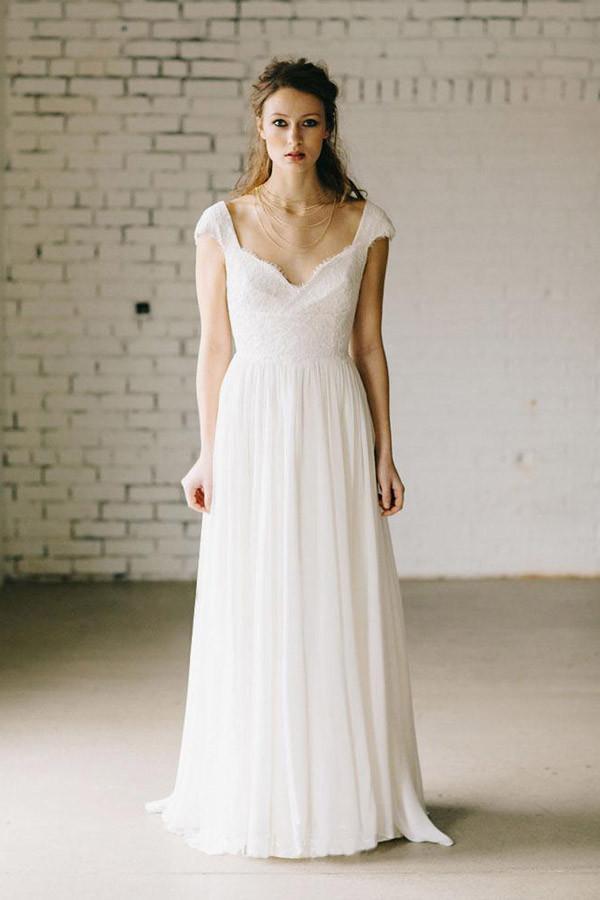 A-Line Ivory Lace Cap Sleeve Vintage Chiffon Wedding Gown TWA0692