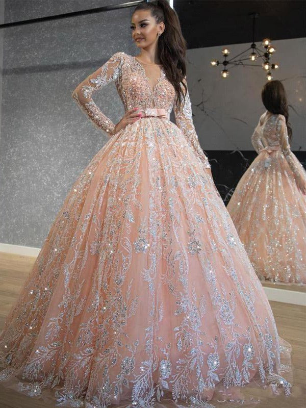 Princess Pink Long Sleeves High Waist Lace Beading Bridal Gowns TWA070