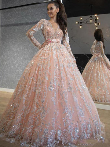 Princess Pink Long Sleeves High Waist Lace Beading Bridal Gowns TWA070