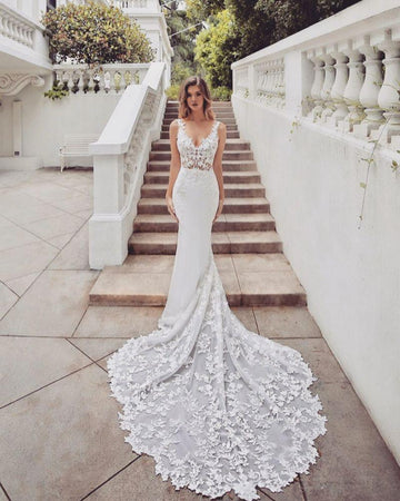 Trendy V neck Lace Mermaid Bridal Gowns TWA071