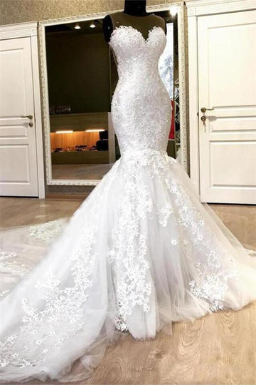 Sweetheart Illusion Neck Mermaid Beaded Lace Bridal Gowns TWA072