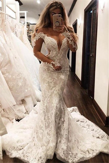 Off the Shoulder Long Sleeves V Neck Appliques Mermaid Bridal Gowns TWA077