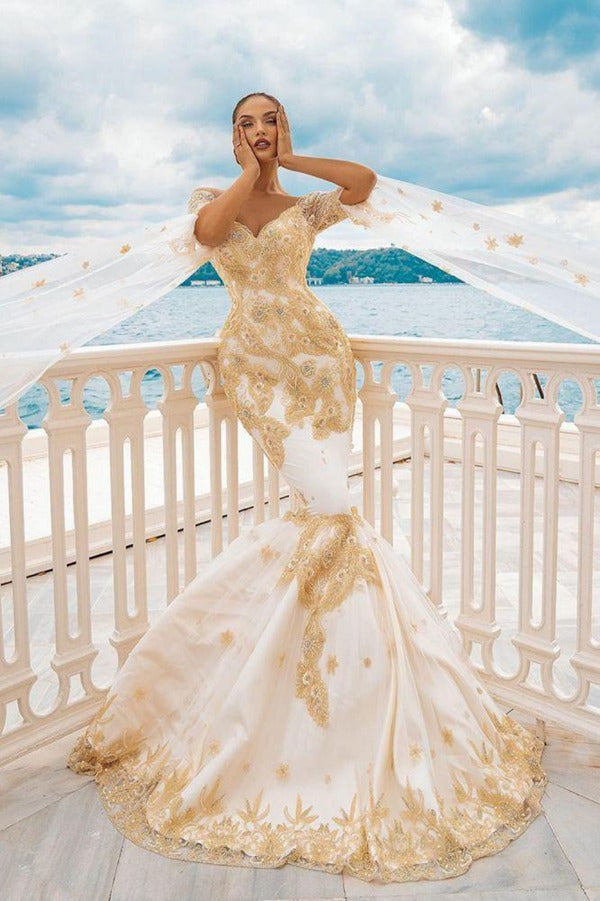 Mermaid Gold Appliques Half Sleeve Cape Bridal Gowns TWA079 Mermaid Gold Appliques Half Sleeve Cape Bridal Gowns TWA079