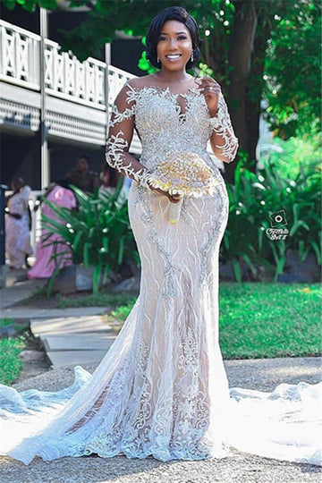 Lace Appliques Mermaid Long Sleeves Plus Size Bridal Gowns TWA081