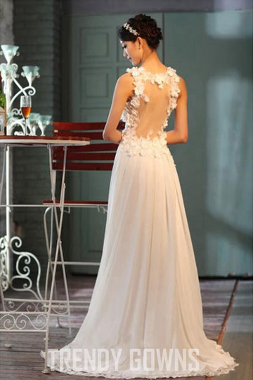 Sheer Back A-Line V-Neck Chiffon Wedding Gown TWA0842