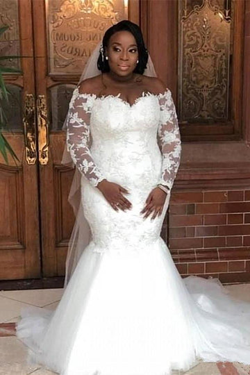 Plus Size Long Sleeves Off the shoulder Lace Mermaid Bridal Gowns TWA086