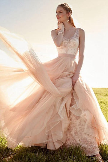 Trendy V Neck Blush Pink Lace Wedding Gown Detachable Skirt TWA0882