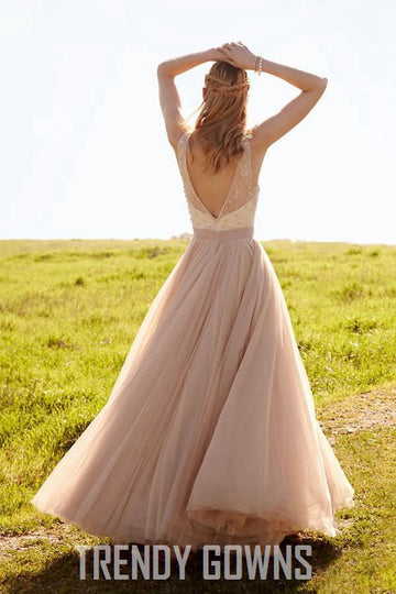 Trendy V Neck Blush Pink Lace Wedding Gown Detachable Skirt TWA0882