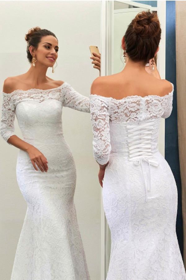 Off-The-Shoulder 34-Length Sleeves Mermaid Wedding Gown TWA0892