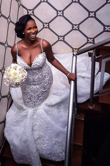 Trendy Beaded Appliques Lace Mermaid Sweetheart Spaghetti Straps Bridal Gowns TWA090