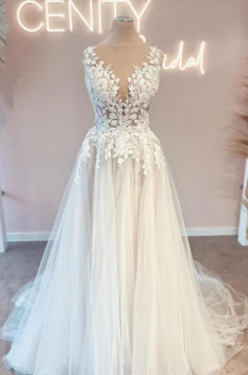 Trendy A-line V-Neck Lace Applique Bridal Gowns TWA092