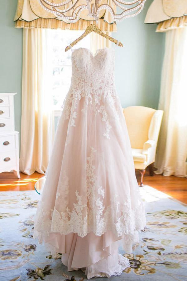 Trendy Sweetheart High Low Blush Wedding Gown with White Lace TWA0932