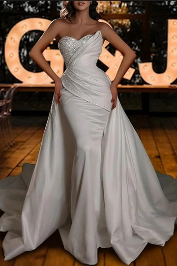 Trendy Detachable Overskirt Satin Sequin Mermaid Bridal Gowns TWA094