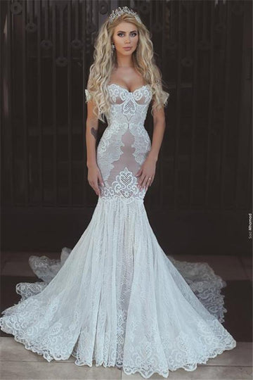 Trendy Mermaid Lace Off the Shoulder Bridal Gowns TWA095