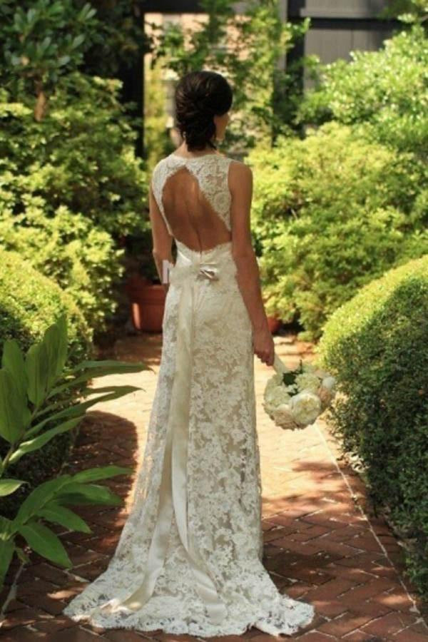 Keyhole Back Floor-Length Sheath Lace Wedding Gown TWA0952
