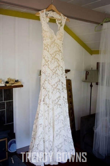 Keyhole Back Floor-Length Sheath Lace Wedding Gown TWA0952