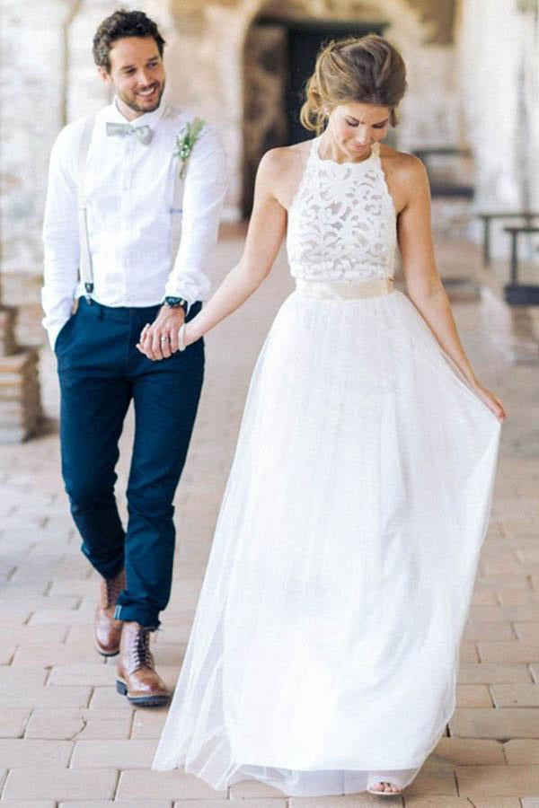 Trendy Boho Floor-Length Lace Top Wedding Gown TWA0982
