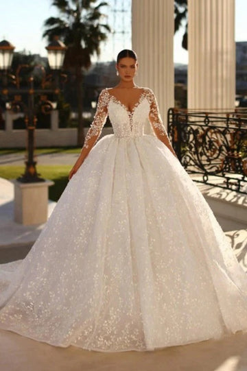 Trendy Long Sleeve Ball Gown Lace Bridal Gowns TWA099