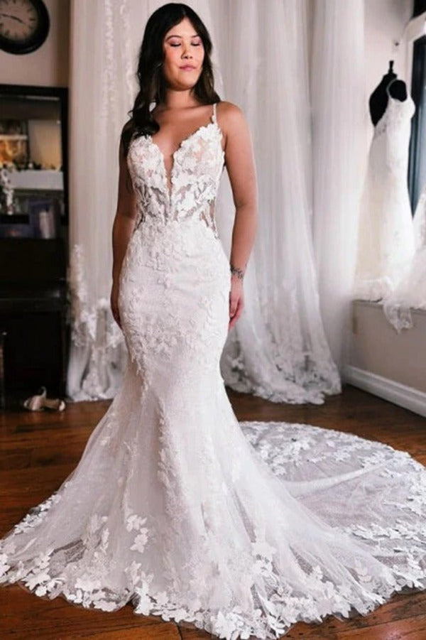 Trendy Spaghetti-Straps Mermaid Lace Bridal Gowns TWA101