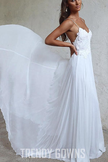 Trendy A-line Straps White Chiffon Beach Wedding Gown TWA1022