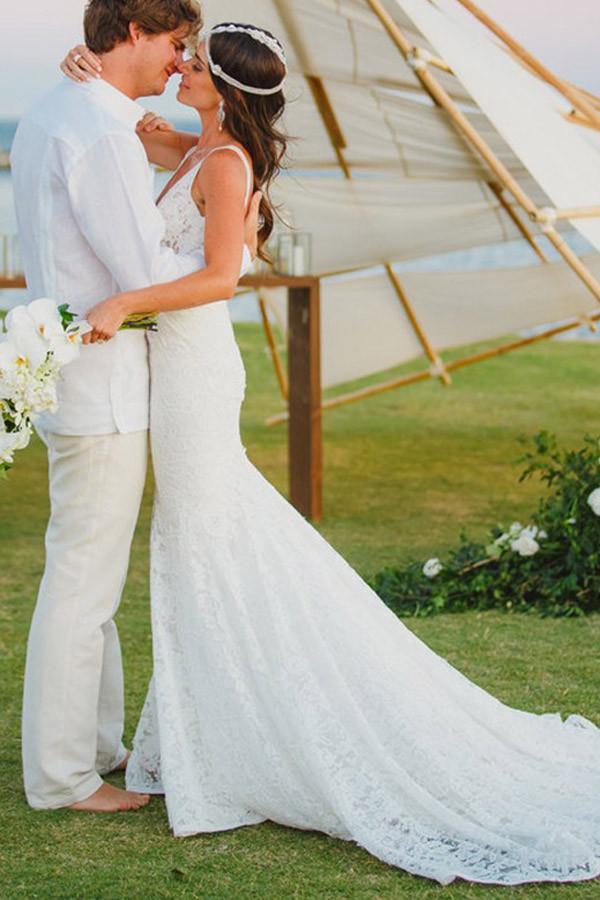 Mermaid Lace V-neck Court Train Beach Wedding Gown TWA1072