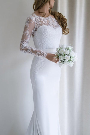 Trendy Lace Long Sleeves Mermaid White Wedding Gown with Train TWA1102