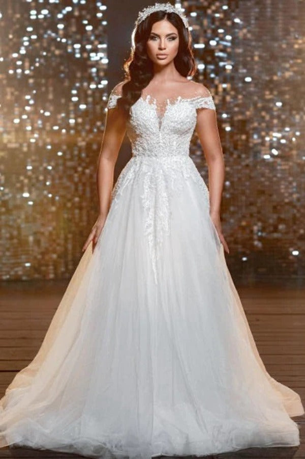 Trendy Off-the-Shoulder Lace Beading Princess Bridal Gowns TWA111
