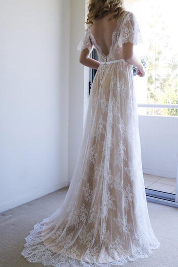 Trendy A-line White Lace Wedding Gown with Open Back TWA1112