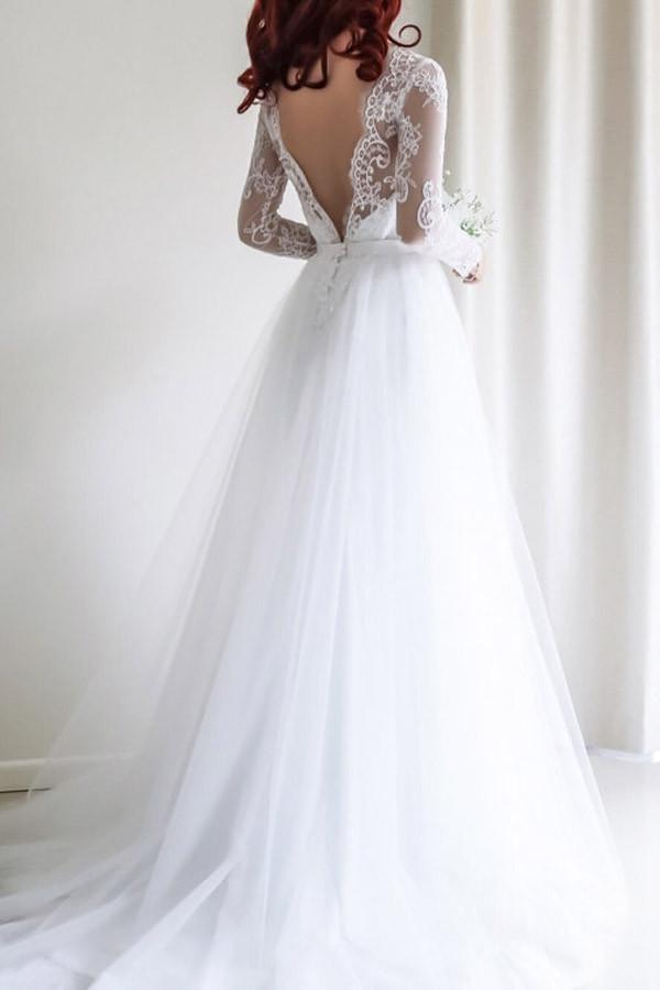 Trendy A-line Long Sleeves White Lace Wedding Gown Bridal Gowns TWA1122