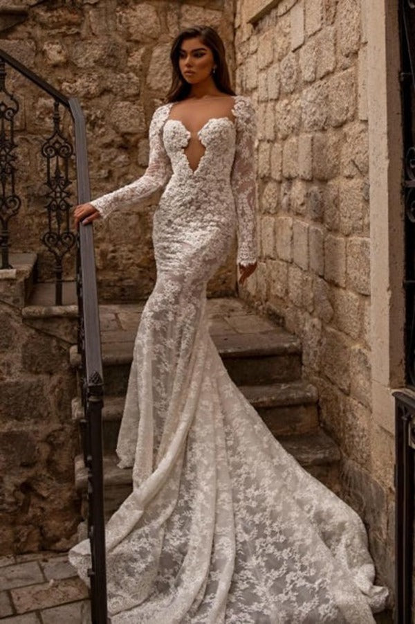 Trendy Long Sleeves Mermaid Lace Bridal Gowns TWA117