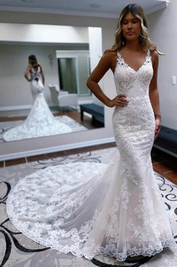 Trendy V Neck Mermaid Lace Bridal Gowns TWA119