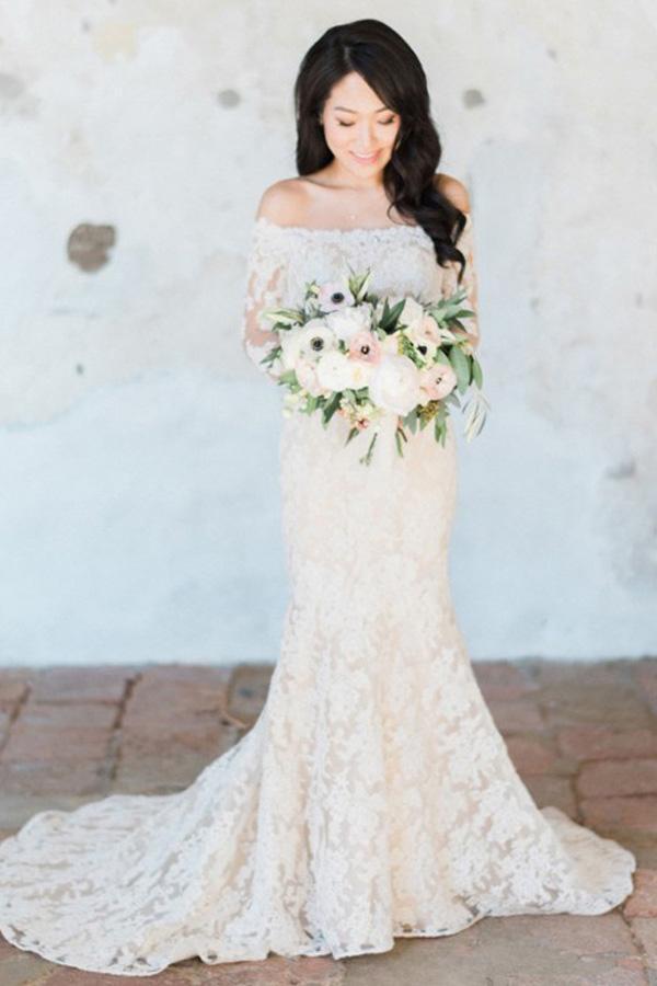 Trendy Off Shoulder White Lace Long Sleeves Mermaid Wedding Gown TWA1192