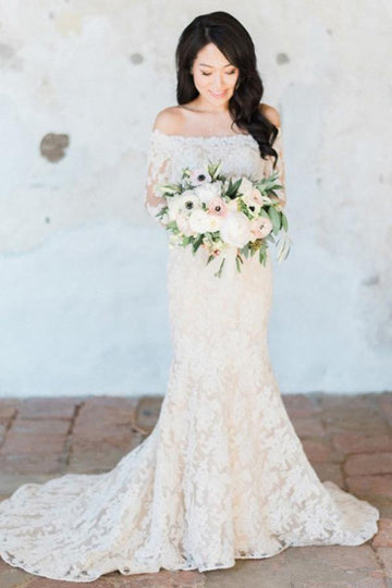 Trendy Off Shoulder White Lace Long Sleeves Mermaid Wedding Gown TWA1192