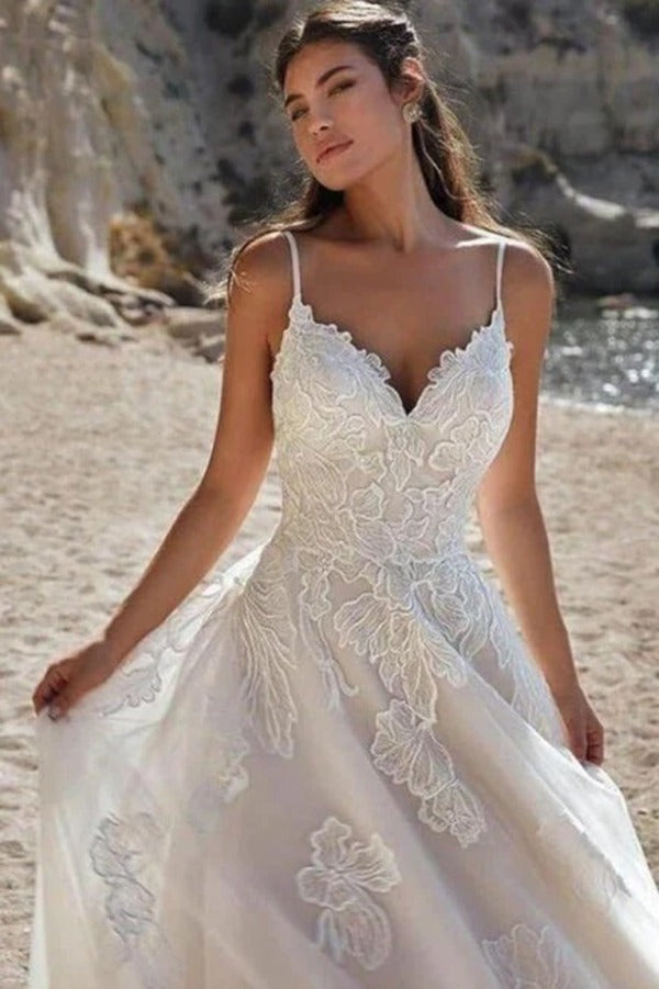 Trendy Spaghetti Straps A-line Lace Beach Wedding Gowns TWA121