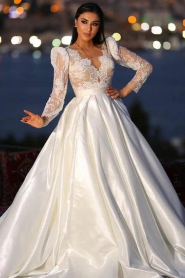 Long Sleeve V-neck Satin Princess Wedding Gowns TWA124