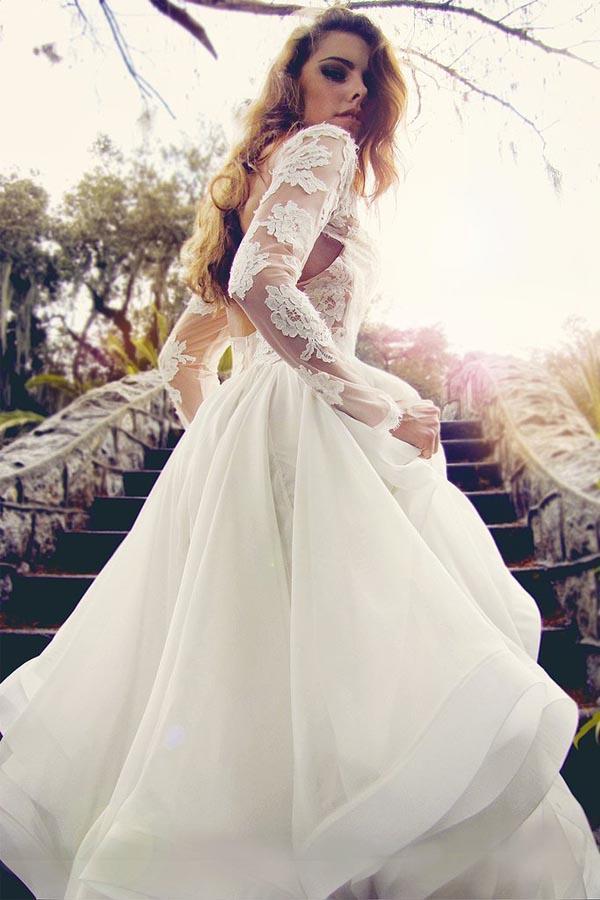 Trendy V Neck Long Sleeve Lace Organza Wedding Gown TWA1252